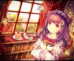  1girl bangs book book_hug bookshelf bow bowtie capelet chiyu_(kumataro0x0) closed_mouth crescent crescent_moon_pin cup curtains day double_bun eyebrows_visible_through_hair fingernails food fork fruit hairband highres holding holding_book house indoors lake lolita_hairband long_hair looking_at_viewer nail_polish patchouli_knowledge pink_eyes purple_hair purple_nails red_neckwear saucer smile solo spoon star strawberry strawberry_shortcake sugar_cube tea teacup touhou window 