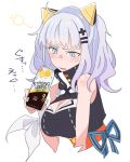  1girl bangs bare_shoulders blush breasts can cleavage_cutout dress drunk highres kaguya_luna kaguya_luna_(character) large_breasts silver_hair sleeveless sleeveless_dress strong_zero sy-l-via twintails upper_body 