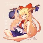  1girl arm_support bangs bare_legs bare_shoulders barefoot beige_background belt blonde_hair blue_ribbon blue_skirt bow bowtie breasts character_name full_body gourd hair_bow hand_up horn_ribbon horns ibuki_suika leaning_back long_hair low-tied_long_hair miniskirt no_bra one_eye_closed open_mouth pointy_ears red_bow red_neckwear ribbon shirt simple_background sitting skirt sleeveless sleeveless_shirt small_breasts smile solo touhou translation_request very_long_hair white_shirt yoo_(tabi_no_shiori) 