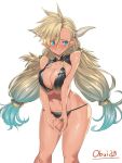  1girl almeida_(granblue_fantasy) blonde_hair blue_eyes blue_hair blush breast_squeeze breasts cleavage doraf gradient_hair granblue_fantasy horns large_breasts long_hair multicolored_hair navel obui pointy_ears solo standing swimsuit 