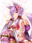  1girl ahoge alternate_costume animal_ears bangs bell blush bow bowl bug_(artist) chopsticks crescent eating ema eyebrows_visible_through_hair floral_background floral_print flower food fox_ears fox_tail hair_flower hair_ornament hairpin holding holding_bowl japanese_clothes jingle_bell katana kemonomimi_mode kimono long_hair long_sleeves looking_at_viewer low_twintails mochi obi purple_bow purple_hair red_flower sash sheath sheathed shiny shiny_hair solo sword tail tassel twintails upper_body violet_eyes vocaloid voiceroid wagashi weapon white_kimono wide_sleeves yuzuki_yukari 