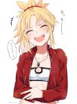  1girl :d beltbra blonde_hair blush bra breasts closed_eyes commentary_request facing_viewer fate/apocrypha fate_(series) hair_ornament hair_scrunchie happy head_tilt holding_stomach ica jacket jewelry laughing long_sleeves mordred_(fate) mordred_(fate)_(all) necklace open_clothes open_jacket open_mouth red_jacket scrunchie short_hair simple_background small_breasts smile solo speech_bubble translation_request underwear upper_body white_background white_bra 