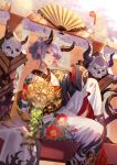  1girl horns japanese_clothes kimono looking_at_viewer ojyou oni original pointy_ears red_eyes short_hair silver_hair sitting skull solo 