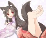  1girl alternate_costume animal_ears barefoot brown_hair fang feet feet_up floral_print imaizumi_kagerou japanese_clothes kimono long_hair long_sleeves looking_back lying natsu_no_koucha on_stomach open_mouth red_eyes simple_background smile soles solo tail toe_scrunch toes touhou white_background wide_sleeves wolf_ears wolf_tail younger 