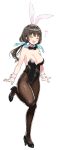  1girl animal_ears black_hair black_legwear black_leotard bow bowtie breasts bunnysuit character_request commentary_request copyright_request detached_collar full_body hanae_haruka highres leotard long_hair looking_at_viewer low_twintails medium_breasts pantyhose rabbit_ears simple_background solo standing standing_on_one_leg strapless strapless_leotard twintails white_background wrist_cuffs 