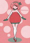  1girl bare_shoulders blush breasts cleavage closed_mouth commentary_request cyclops elbow_gloves food fruit gloves green_gloves head_tilt headband looking_at_viewer one-eyed original pink_hair polka_dot red_eyes red_footwear shake-o shoes slit_pupils smile solo standing strawberry thigh-highs twitter_username unmoving_pattern white_legwear 