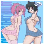  2girls :o ahoge alternate_costume arched_back ass back backless_outfit bangs bare_arms bare_back bare_shoulders black-framed_eyewear black_hair blue_background blue_eyes blue_ribbon blue_sweater blush bottomless breasts butt_crack closed_mouth curvy english_text engrish erect_nipples eyebrows eyebrows_visible_through_hair eyelashes facing_another from_behind frown glasses hair_between_eyes hair_tie hand_on_own_leg high_ponytail highres hips hoimin_(anchangdeath) hunter_x_hunter index_finger_raised large_breasts leaning leaning_forward legs_apart legs_together long_hair looking_at_viewer looking_back machi_(hunter_x_hunter) medium_breasts meme_attire multiple_girls no_bra no_pupils open-chest_sweater open_mouth pink_hair pink_legwear pink_ribbon pink_sweater pointing pointing_at_viewer ponytail ranguage ribbon semi-rimless_eyewear shizuku_(hunter_x_hunter) short_hair sideboob sidelocks silhouette speech_bubble standing sweater tareme text thigh-highs thighs together tsurime turtleneck turtleneck_sweater under-rim_eyewear violet_eyes 
