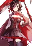  1girl cape commentary_request corset crescent_rose ecru grey_eyes redhead ruby_rose rwby solo thigh-highs torn_cape torn_clothes torn_thighhighs twitter_username 
