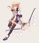  1girl ankle_boots armor arrow bangs blue_footwear boots bow_(weapon) braid breastplate breasts brown_gloves brown_legwear closed_mouth diten earrings faulds full_body garter_straps gloves glowing glowing_arrow grey_background hair_between_eyes holding holding_bow_(weapon) holding_weapon jewelry long_hair looking_at_viewer medium_breasts one_leg_raised original serious shiny shiny_hair simple_background single_braid sleeve_cuffs sleeves_past_elbows solo uniform v-shaped_eyebrows weapon 