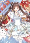  1girl :d breasts brown_eyes brown_hair copyright_request dress frilled_skirt frills gift jewelry long_hair looking_at_viewer necklace open_mouth skirt small_breasts smile snowflake_print snowflakes stuffed_animal stuffed_toy twintails very_long_hair white_dress white_legwear yuu_li_(glass) 