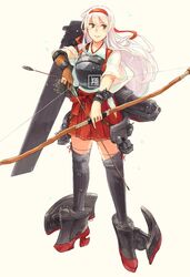  1girl armor armored_boots arrow boots bow_(weapon) closed_mouth commentary eyebrows_visible_through_hair flight_deck full_body gun hair_between_eyes hairband hakama hakama_skirt headband hip_vent japanese_clothes kantai_collection kimono long_hair machinery muneate quiver red_hakama red_headband red_ribbon red_skirt remodel_(kantai_collection) ribbon rigging rudder_shoes shoukaku_(kantai_collection) silver_hair simple_background skirt smile solo tasuki turret weapon weidashming white_hair white_kimono 