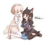  2girls :d animal_ears bangs black_skirt blue_ribbon blush brown_eyes closed_mouth collared_peccary_(kemono_friends) elbow_gloves eyebrows eyebrows_visible_through_hair fingerless_gloves gloves hair_ornament hair_ribbon horizontal_pupils horns kemono_friends kolshica long_hair miniskirt multiple_girls open_mouth pantyhose pantyhose_under_shorts pig_ears pig_snout pig_tail pleated_skirt puffy_shorts purple_shirt ribbon sheep_(kemono_friends) sheep_ears sheep_horns sheep_tail shirt short_hair shorts skirt smile tail tongue translation_request white_gloves white_hair white_legwear yellow_eyes 