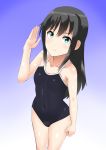  1girl 30-06 :&lt; asashio_(kantai_collection) black_hair blue_background blue_eyes breasts competition_school_swimsuit highres kantai_collection long_hair salute school_swimsuit small_breasts solo standing swimsuit 
