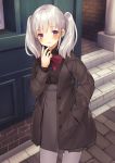  1girl bad_perspective black_coat black_skirt blush bow cowboy_shot door grey_legwear hand_in_pocket hand_up looking_at_viewer original outdoors red_bow short_twintails skirt smile solo stairs standing twintails usagino_suzu violet_eyes white_hair 