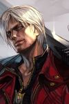  1boy black_shirt blue_eyes dante_(devil_may_cry) devil_may_cry facial_hair glint grey_background grin hankuri head_tilt holding holding_sword holding_weapon jacket looking_at_viewer male_focus open_clothes open_jacket over_shoulder parted_lips red_jacket shirt silver_hair smile solo stubble sword weapon weapon_over_shoulder zipper 