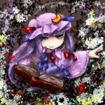  1girl arm_up blue_bow blue_eyes book bow commentary_request crescent crescent_hair_ornament disgust dress hair_bow hair_ornament hat long_hair mob_cap open_book patchouli_knowledge purple_hair purple_hat red_bow solo striped striped_dress touhou wide_sleeves yaise 