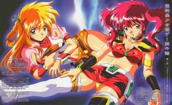  2girls armlet blonde_hair braid choker ginga_ojou-sama_densetsu_yuna green_eyes gun holding holding_gun holding_weapon kagurazaka_yuna looking_at_viewer multiple_girls navel official_art panties pantyshot pencil_skirt planet redhead serious shiny shiny_hair shiny_skin short_shorts short_sleeves shorts skirt thigh-highs twintails underwear vambraces weapon white_legwear yellow_panties yuri_cube 