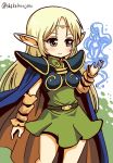  1girl belt blonde_hair blue_cape blush bracer brown_cape cape chibi circlet closed_mouth commentary_request cowboy_shot deedlit dot_nose dress elf green_dress green_eyes hand_up long_hair magic multicolored multicolored_cape multicolored_clothes pointy_ears record_of_lodoss_war shake-o smile solo spaulders standing twitter_username 