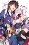  1boy 1girl apple blazer blue_eyes breasts card food fruit highres hoyashi_rebirth jacket large_breasts lavender_hair open_mouth plant playing_card school_uniform short_hair skirt stopwatch thigh-highs vines watch 