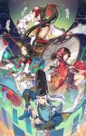  2boys 2girls absurdres armor black_hair blue_eyes bridal_gauntlets character_request circlet fire fish fish_hair_ornament fukafusa green_eyes hair_ornament hair_ribbon highres japanese_armor japanese_clothes kagura_(onmyoji) kimono long_hair looking_at_viewer mask mask_on_head multiple_boys multiple_girls onmyoji onmyouji oriental_umbrella ponytail red_eyes ribbon short_hair staff tress_ribbon umbrella very_long_hair white_hair 