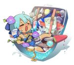  1girl =_= ball barefoot blue_hair blush bottle brush bubble chibi cirno closed_eyes commentary_request dripping fish flower food hair_flower hair_ornament in_container jewelry light_bulb locket milk_carton moyazou_(kitaguni_moyashi_seizoujo) open_mouth paintbrush pencil pendant popsicle purple_flower shadow short_hair sleeveless solo spaghetti_strap suitcase sweat tan tanline tanned_cirno tape tennis_ball touhou watermelon_bar white_background 
