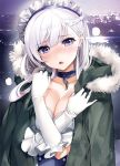  1girl :o azur_lane backlighting bangs belfast_(azur_lane) blush braid breasts chains cityscape cleavage coat collar collarbone commentary_request elbow_gloves eyebrows_visible_through_hair french_braid frilled_gloves frills full-face_blush fur-trimmed_coat fur_collar fur_trim gloves green_coat head_tilt large_breasts looking_at_viewer maid_headdress nose_blush ogino_atsuki open_clothes open_coat open_mouth solo violet_eyes white_gloves white_hair x_arms 