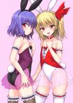  2girls alternate_costume animal_ears ass bare_shoulders black_bow black_legwear blonde_hair blue_hair bow bunny_tail bunnysuit choker collarbone commentary_request eyebrows_visible_through_hair fake_animal_ears fang flandre_scarlet highleg highleg_leotard index_finger_raised leg_garter leotard long_hair looking_at_viewer marugoshi_(54burger) multiple_girls open_mouth pink_background rabbit_ears red_eyes remilia_scarlet siblings simple_background sisters slit_pupils smile tail thigh-highs touhou white_legwear 
