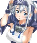  1girl ainu_clothes armpits blue_eyes breasts hair_between_eyes headband highres japanese_clothes kamoi_(kantai_collection) kantai_collection large_breasts long_hair looking_at_viewer open_mouth remodel_(kantai_collection) sideboob silver_hair simple_background solo tama_(seiga46239239) thick_eyebrows white_background 