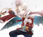  1boy altoclub blonde_hair capelet crying feathers fur_trim gloves granblue_fantasy green_eyes grey_background hat male_focus petals simple_background solo sword vermeil weapon 