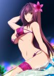  1girl arm_up bangs bare_shoulders bikini breasts fate/grand_order fate_(series) flower from_below from_side hair_between_eyes hair_flower hair_ornament hera_(hara0742) hibiscus highres large_breasts leg_garter long_hair looking_at_viewer night night_sky outdoors parted_lips pink_bikini pink_flower purple_bikini purple_hair red_eyes scathach_(fate)_(all) scathach_(swimsuit_assassin)_(fate) shiny shiny_skin sitting sky solo swimsuit thighs tree under_boob wariza water wet 