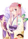 1girl alternate_hair_length alternate_hairstyle bangs commentary_request eyebrows_visible_through_hair fate/grand_order fate_(series) floral_print flower glasses hagoita hair_flower hair_ornament hair_over_one_eye holding japanese_clothes kimono long_hair long_sleeves looking_at_viewer mash_kyrielight obi paddle parted_lips pink_flower pink_hair print_kimono red_flower ryuuno6 sash solo violet_eyes white_kimono wide_sleeves 