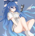  1girl ass blue_bow blue_eyes blue_hair blush bottomless bow debt embarrassed frown hair_bow hell.k highres hood hoodie long_hair looking_at_viewer no_panties shirt_tug sitting socks solo stuffed_animal stuffed_cat stuffed_toy tears touhou very_long_hair white_footwear yorigami_shion 