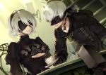 1boy 1girl black_dress black_hairband blindfold carchet closed_mouth commentary couple covered_eyes dress food hairband mole mole_under_mouth nier_(series) nier_automata open_mouth short_hair smile white_hair yorha_no._2_type_b yorha_no._9_type_s 