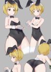  1girl animal_ears ass bangs bare_shoulders bent_over black_leotard blonde_hair blush breasts bunny_girl bunny_tail bunnysuit cleavage closed_mouth commentary_request covered_navel cutlass_(girls_und_panzer) debutya_aki detached_collar eyebrows_visible_through_hair fake_animal_ears girls_und_panzer highres leotard looking_at_viewer maid_headdress multiple_tails rabbit_ears shiny shiny_hair shiny_skin short_hair small_breasts standing strapless strapless_leotard tail wrist_cuffs yellow_eyes 