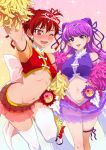  2girls @_@ breasts commentary_request cosplay cure_yell cure_yell_(cosplay) double_bun earrings embarrassed flower hair_flower hair_ornament hair_ribbon hugtto!_precure jewelry kenjou_akira kirakira_precure_a_la_mode kotozume_yukari large_breasts long_hair looking_at_viewer medium_breasts midriff multiple_girls mutyakai navel one_eye_closed open_mouth pom_poms precure purple_hair red_eyes redhead ribbon shiny shiny_hair shiny_skin shirt short_hair skirt smile standing violet_eyes 