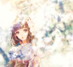  1girl bangs blunt_bangs brown_hair commentary_request floral_print flower hair_flower hair_ornament japanese_clothes kimono long_sleeves looking_at_viewer multicolored multicolored_eyes obi original sash say_hana short_hair solo upper_body violet_eyes white_kimono 