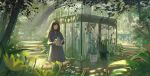  1girl blue_dress blurry blurry_foreground blush brown_eyes brown_hair closed_mouth commentary_request dappled_sunlight depth_of_field dress flower grass holding light_particles long_sleeves looking_at_viewer nature original outdoors plant potted_plant red_flower reido_(reido_c) solo stairs standing sunlight watering_can yellow_flower 