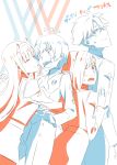  2boys 2girls ;p darling_in_the_franxx glasses gorou_(darling_in_the_franxx) highres hiro_(darling_in_the_franxx) ichigo_(darling_in_the_franxx) licking long_hair looking_back multiple_boys multiple_girls one_eye_closed pink_x sandwiched short_hair simple_background tongue tongue_out uniform white_background zero_two_(darling_in_the_franxx) 