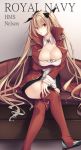  1girl azur_lane blonde_hair boots breasts cleavage coat couch epaulettes highres karakura large_breasts long_hair long_sleeves nelson_(azur_lane) red_eyes red_neckwear sitting solo thigh-highs thigh_boots twintails very_long_hair 