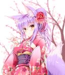  1girl animal_ears bangs blush brown_eyes cherry_blossoms closed_mouth commentary_request eyebrows_visible_through_hair fingernails flower fox_ears fox_girl fox_shadow_puppet fox_tail hair_between_eyes hair_flower hair_ornament hand_on_own_chest japanese_clothes kimono long_hair long_sleeves looking_at_viewer obi original pink_kimono ponytail purple_hair sash smile standing tail tateha_(marvelous_grace) upper_body wide_sleeves 