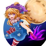  1girl american_flag_dress american_flag_legwear bare_arms blonde_hair clownpiece fairy_wings fire hat highres holding jester_cap long_hair looking_at_viewer moon neck_ruff open_mouth pantyhose polka_dot purple_hat sharp_teeth short_sleeves smile solo teeth torch touhou wings yasui_nori 