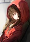  &gt;:o 1girl blush brown_hair commentary hair_over_eyes hakurei_reimu hood hoodie jewelry looking_at_viewer necklace piyokichi red_eyes solo touhou v-shaped_eyebrows 