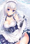  1girl apron apron_hold arm_guards azur_lane bare_shoulders belfast_(azur_lane) black_dress blush braid breasts chains cleavage closed_eyes closed_mouth collar collarbone commentary_request contrapposto corset cowboy_shot double-breasted dress elbow_gloves french_braid frilled_dress frills garter_straps gloves head_tilt highres lace_border large_breasts lifted_by_self light_particles long_hair looking_at_viewer maid_headdress pennant petticoat skirt skirt_lift smile solo standing string_of_flags thigh-highs tomoo_(tomo) very_long_hair white_apron white_gloves white_hair white_legwear 