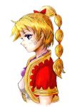  1girl blonde_hair blue_eyes braid breasts chrono_cross commentary_request facial_mark graphite_(medium) jewelry kid_(chrono_cross) long_hair midriff necklace ponytail rabihiko single_braid solo traditional_media vest 