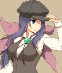  1girl aoguu breasts brown_background character_request closed_mouth commentary hand_on_headwear hat headwear long_hair long_sleeves looking_to_the_side multicolored_neckwear open_eyes purple_hair sengoku_collection shadow shirt simple_background solo violet_eyes white_shirt 