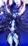  black_hair blue_background blue_flower blue_rose blue_skin breasts facing_viewer flower gluteal_fold hair_over_eyes hands highres horns jewelry large_breasts lucifer_the_fallen_angel navel necklace oreca_battle petals psyche_oreca rose standing wings 