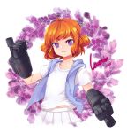  1girl arm_cannon artist_name blue_jacket character_name fang flower gauntlets hair_tie hand_up highres jacket lavender lavender_(monet930) looking_at_viewer monet930 open_clothes open_jacket orange_hair original short_hair skirt upper_body violet_eyes weapon white_skirt zipper 