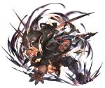  1boy abs armor armored_boots bandage boots cape dark_skin doraf fangs gloves glowing glowing_eyes granblue_fantasy hood horns male_focus minaba_hideo open_mouth red_eyes scythe solo teeth torn_clothes transparent_background vaseraga 
