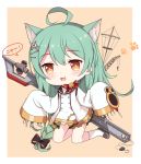  1girl :3 :d ahoge akashi_(azur_lane) animal_ears azur_lane bangs beige_background bell black_bow blush bow braid brown_eyes cat_ears chibi collarbone commentary_request crane dress eyebrows_visible_through_hair full_body green_hair grey_footwear hair_between_eyes hair_bow hair_ornament highres jingle_bell kneehighs kneeling kyuujou_komachi long_hair long_sleeves looking_at_viewer machinery open_mouth red_bow sailor_dress screwdriver shoes sleeves_past_wrists smile solo translated two-tone_background very_long_hair white_background white_dress white_legwear wide_sleeves wrench 
