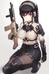  1girl assault_rifle bangs black_footwear black_gloves black_hair black_skirt blush breasts brown_legwear closed_mouth ear_protection gloves gradient gradient_background grey_background gun headphones holding kfr kneeling large_breasts looking_at_viewer original pantyhose ponytail rifle shoes skirt solo violet_eyes weapon 